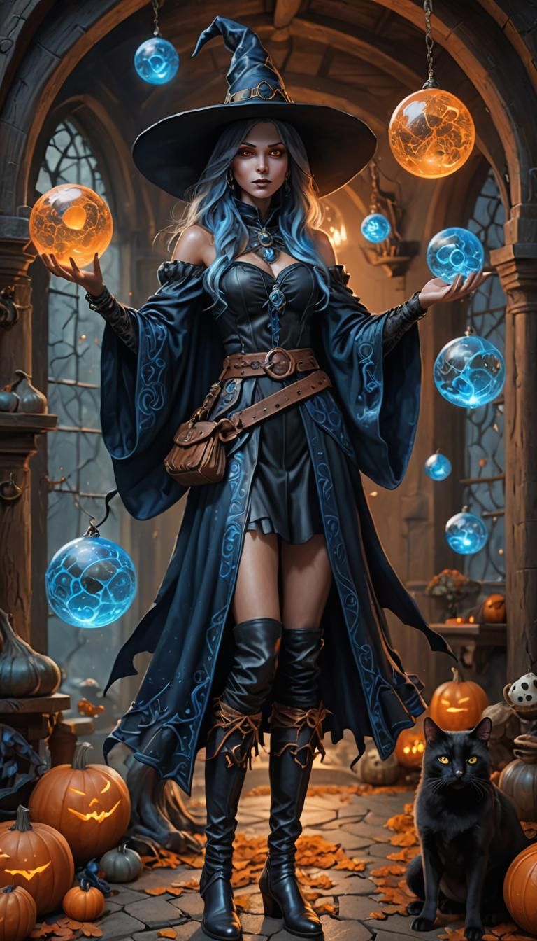 A witch wearing casual blue and black cozy pattern robes sum...