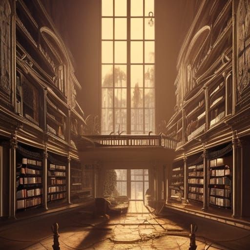 Charming Old Bookstore with Cat in Digital Painting