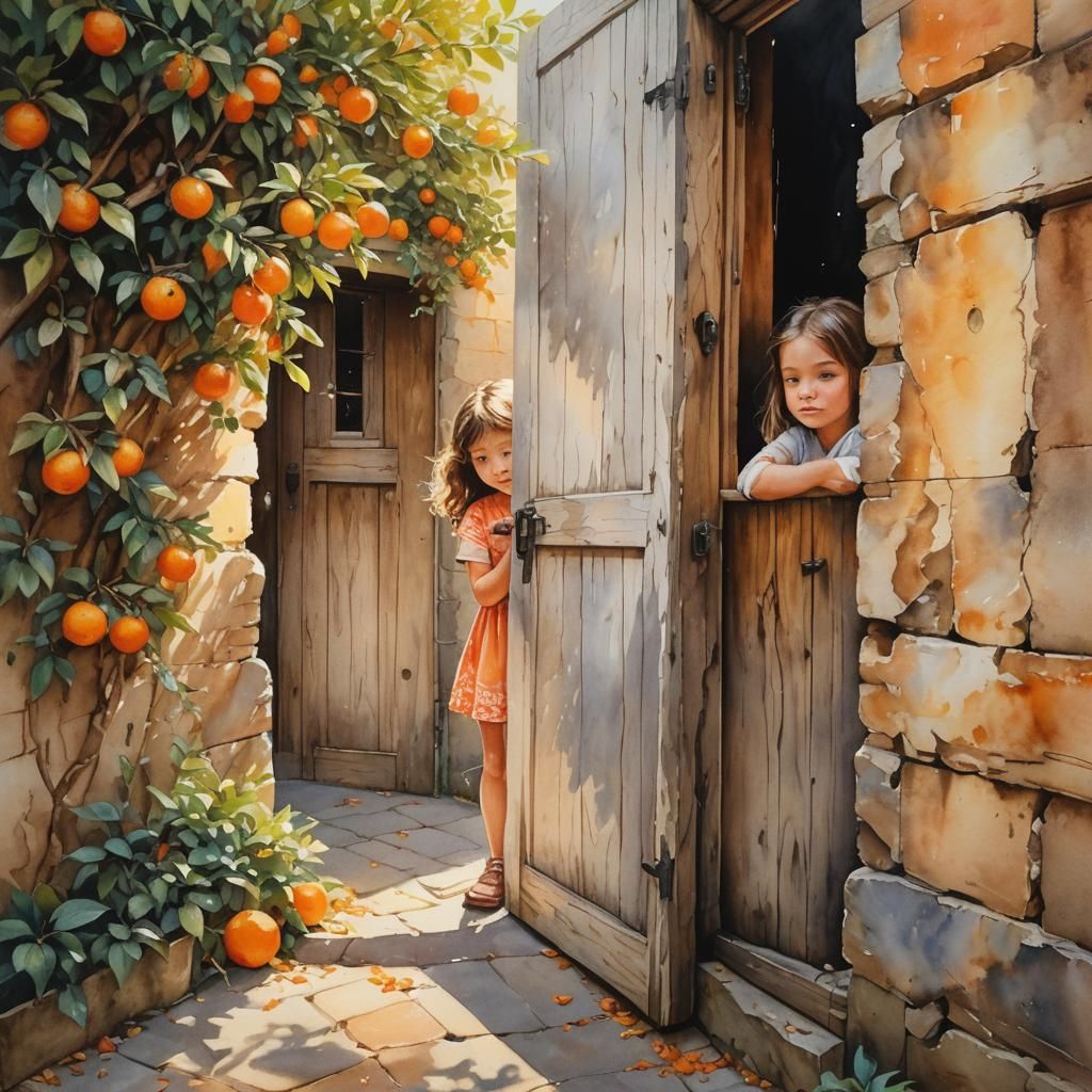 Girl in Alley with Orange Trees, Van Gogh Style
