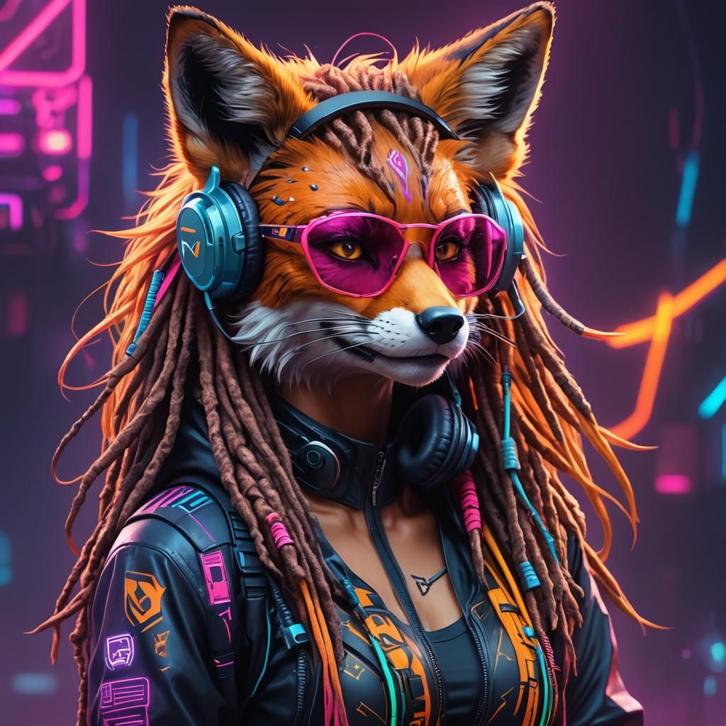a beautiful female Fox with dreadlocks, wearing sci-fi futur...