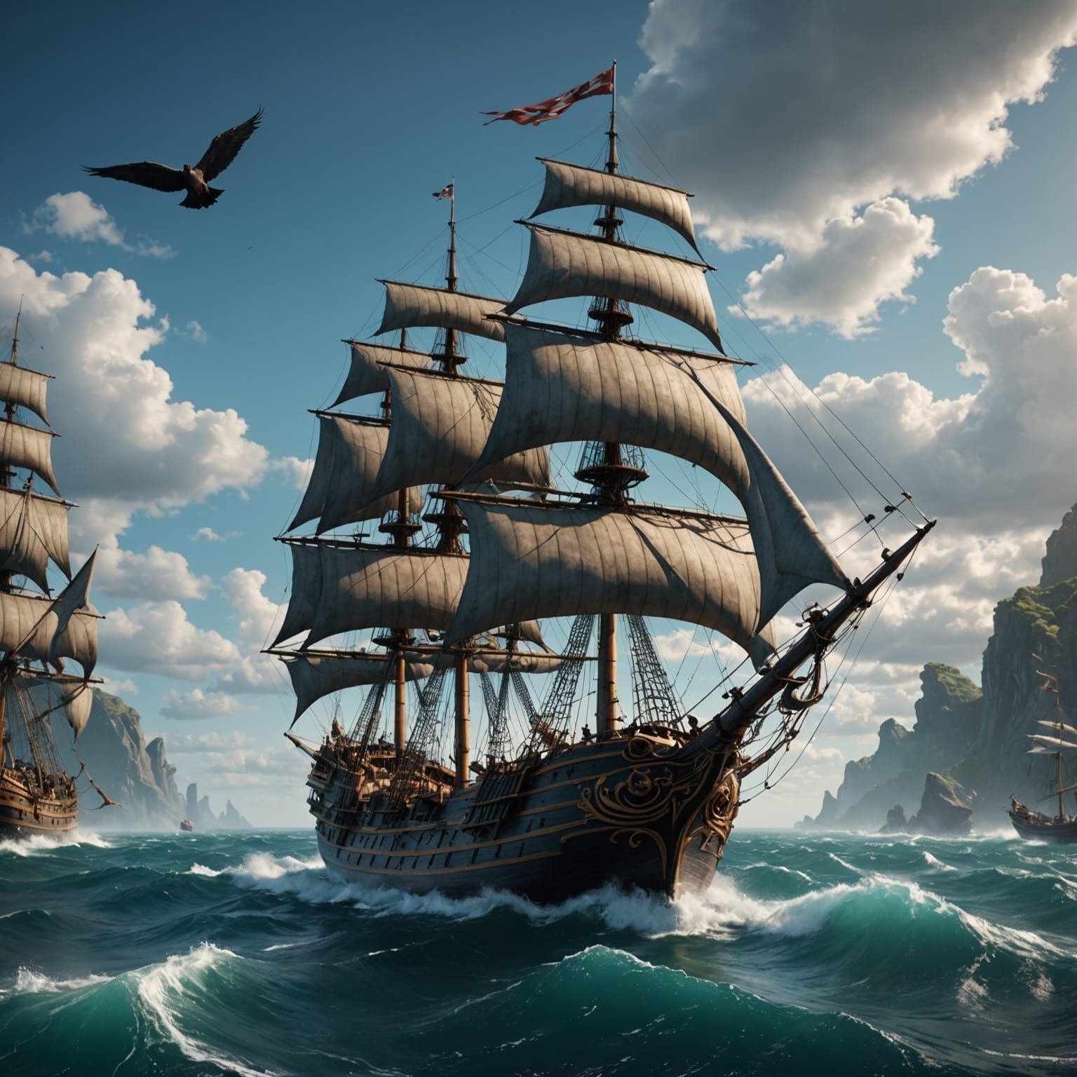 Epic Fantasy Sailing Ship Battles Mythical Sea Creatures in ...
