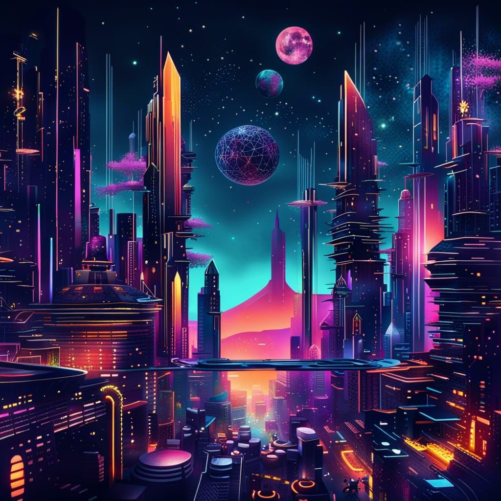 Futuristic Metropolis: Dreamlike Cityscape with Celestial El...