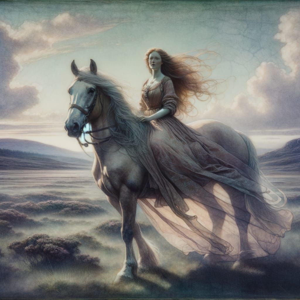 Celtic Princess Rides Horse on Scottish Moorland in Dreamlik...
