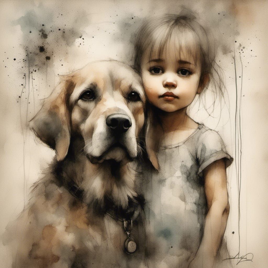 Toddler Siblings with Dog in Charcoal Style