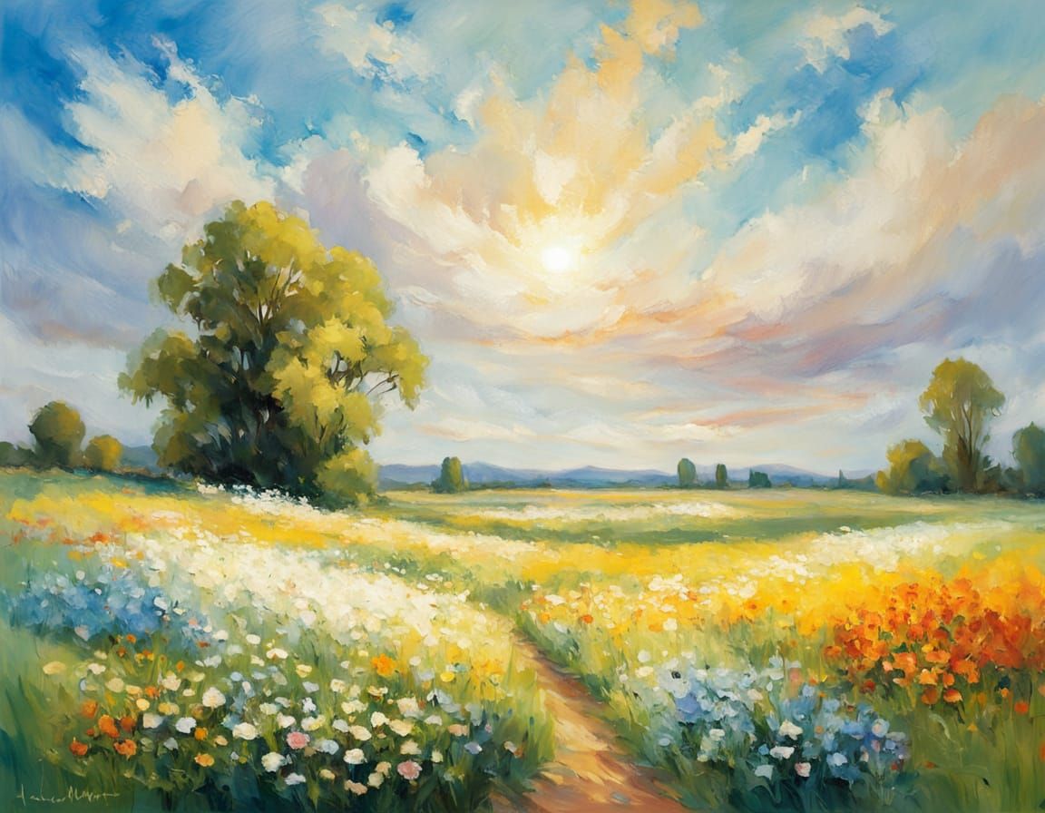 Impressionist Masterpiece of Spring Blooms in Serene Landsca...