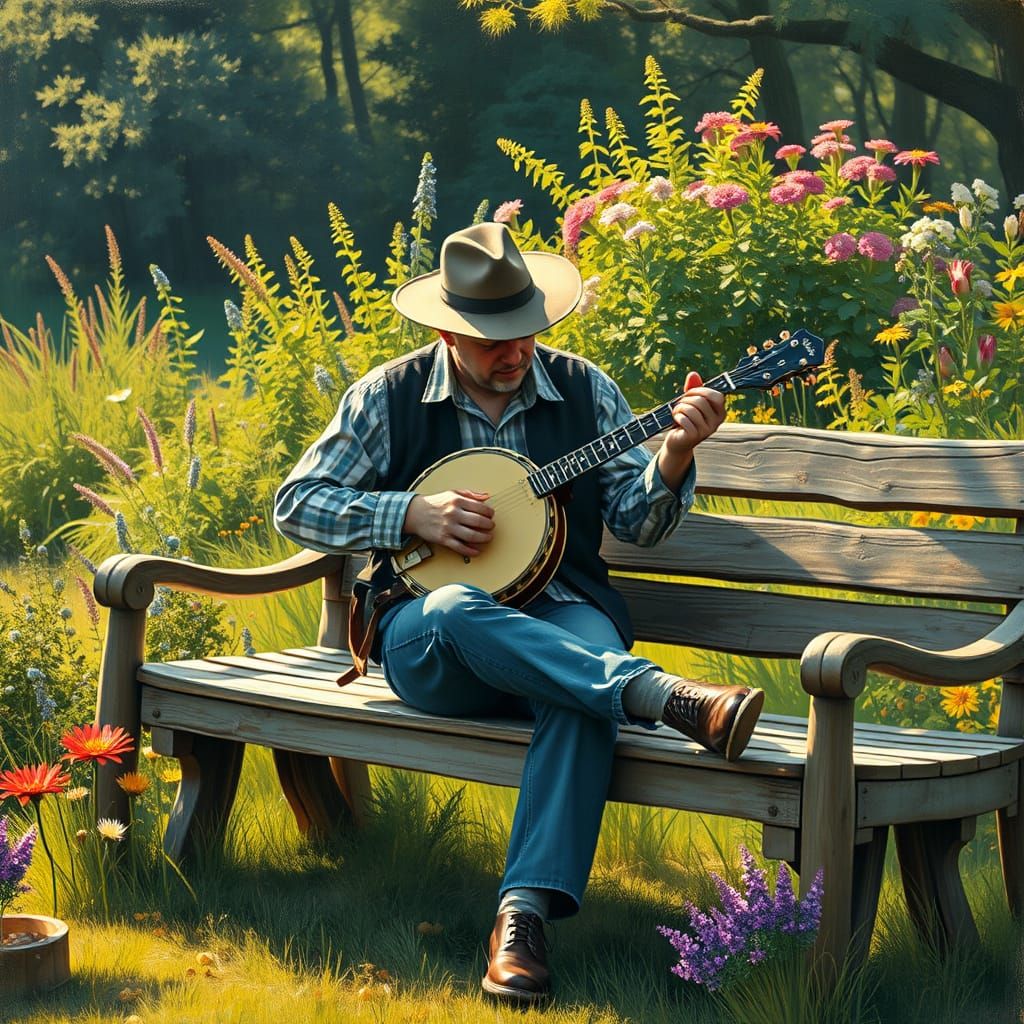 Rustic Banjo Player in Vibrant Countryside