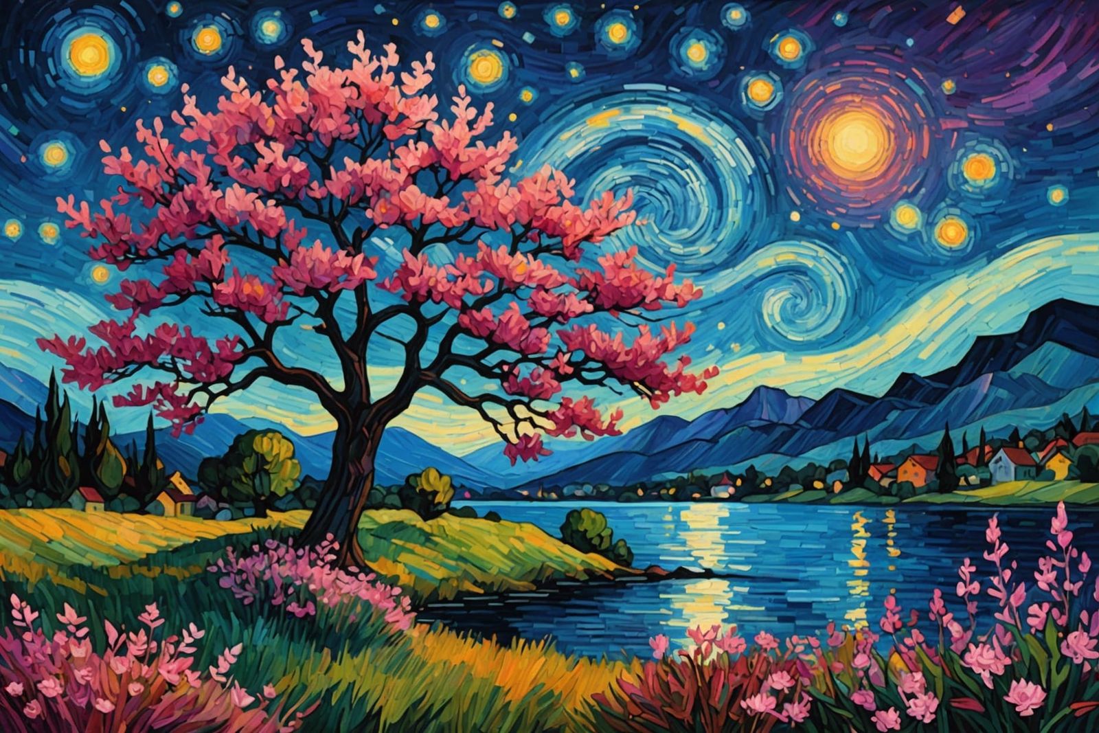 Colorful Gothic Lakeside Scene with Starry Night Sky