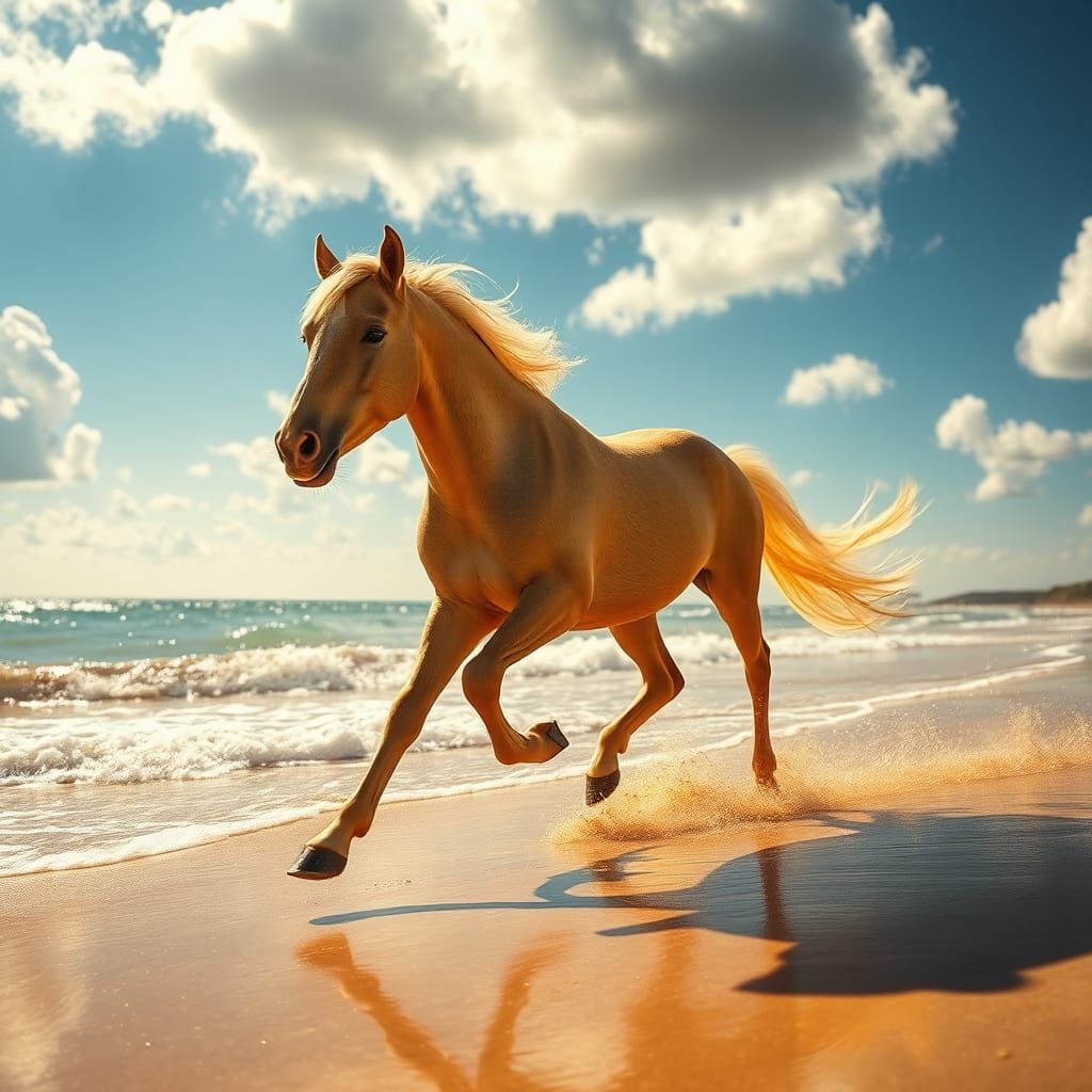Palomino Horse Gallops on Sun-Kissed Beach