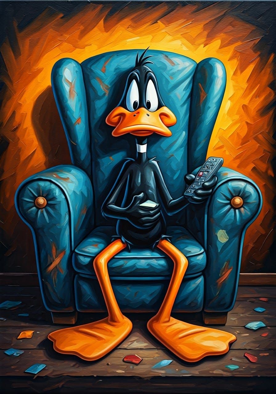 Daffy Duck in Armchair: Impasto Acrylic Painting