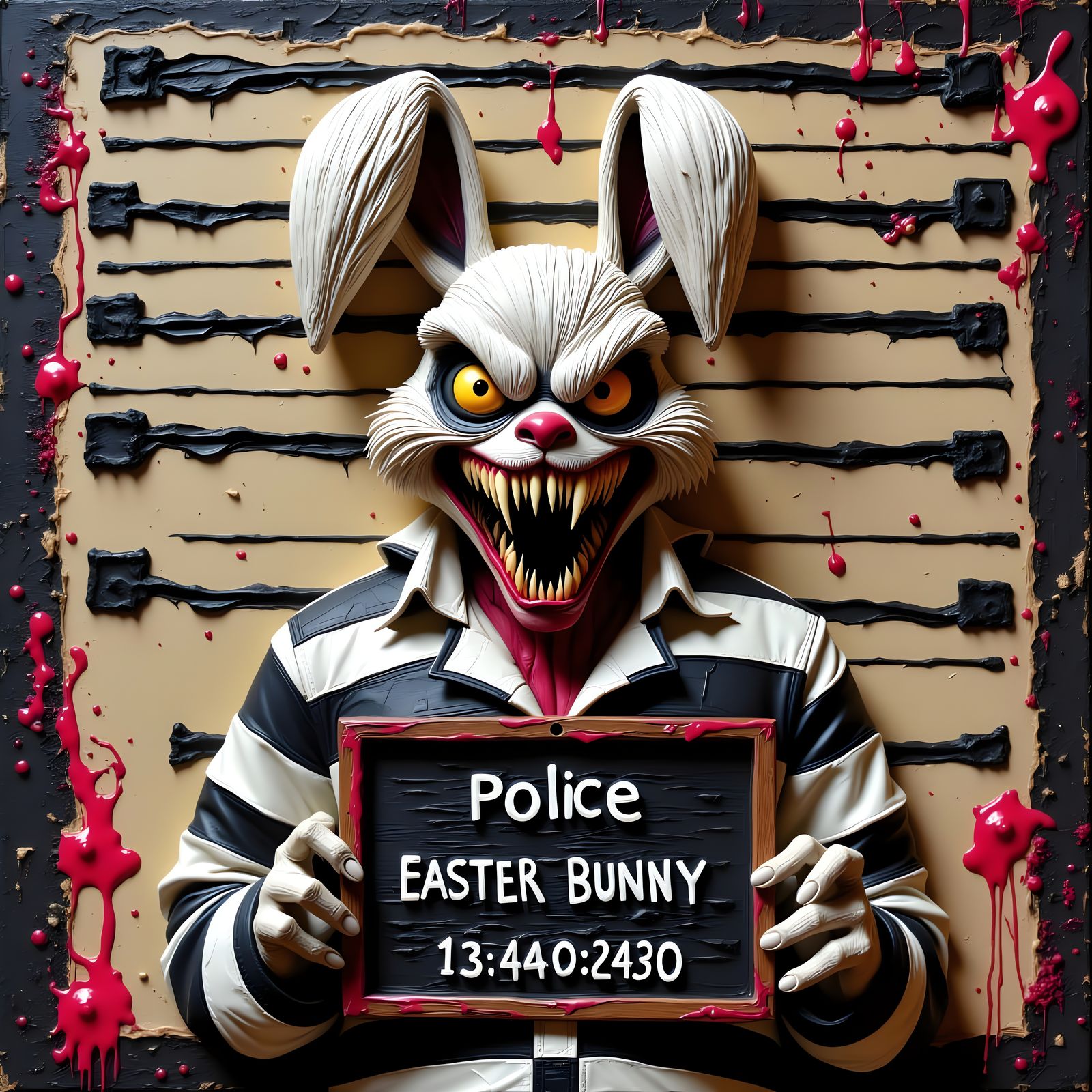 Surreal Easter Bunny in Prison Attire, Haunting Oil Painting...
