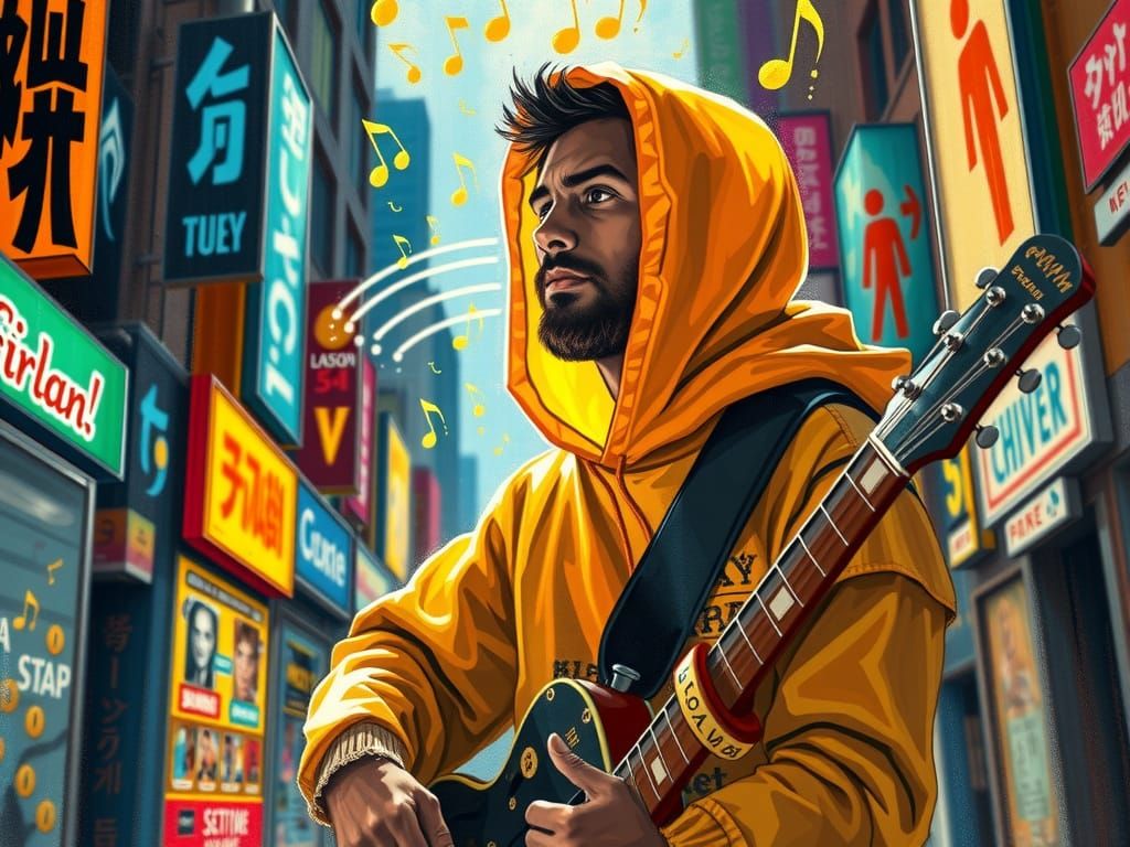 Deaf Man in Vibrant Urban World, Wearing Golden Hoodie and H...
