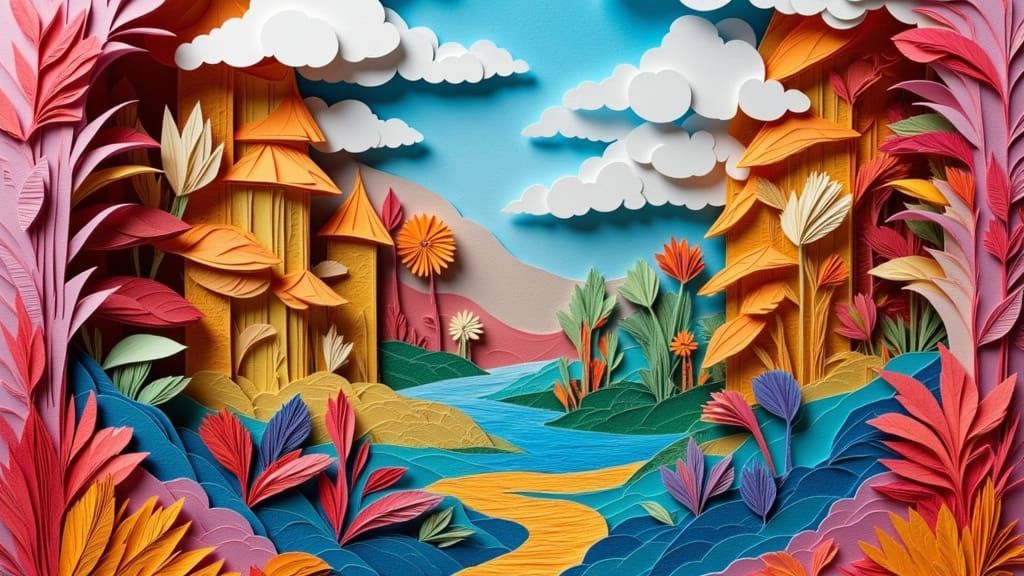 Surreal Paper Fantasy Landscape in Terry Gilliam Style