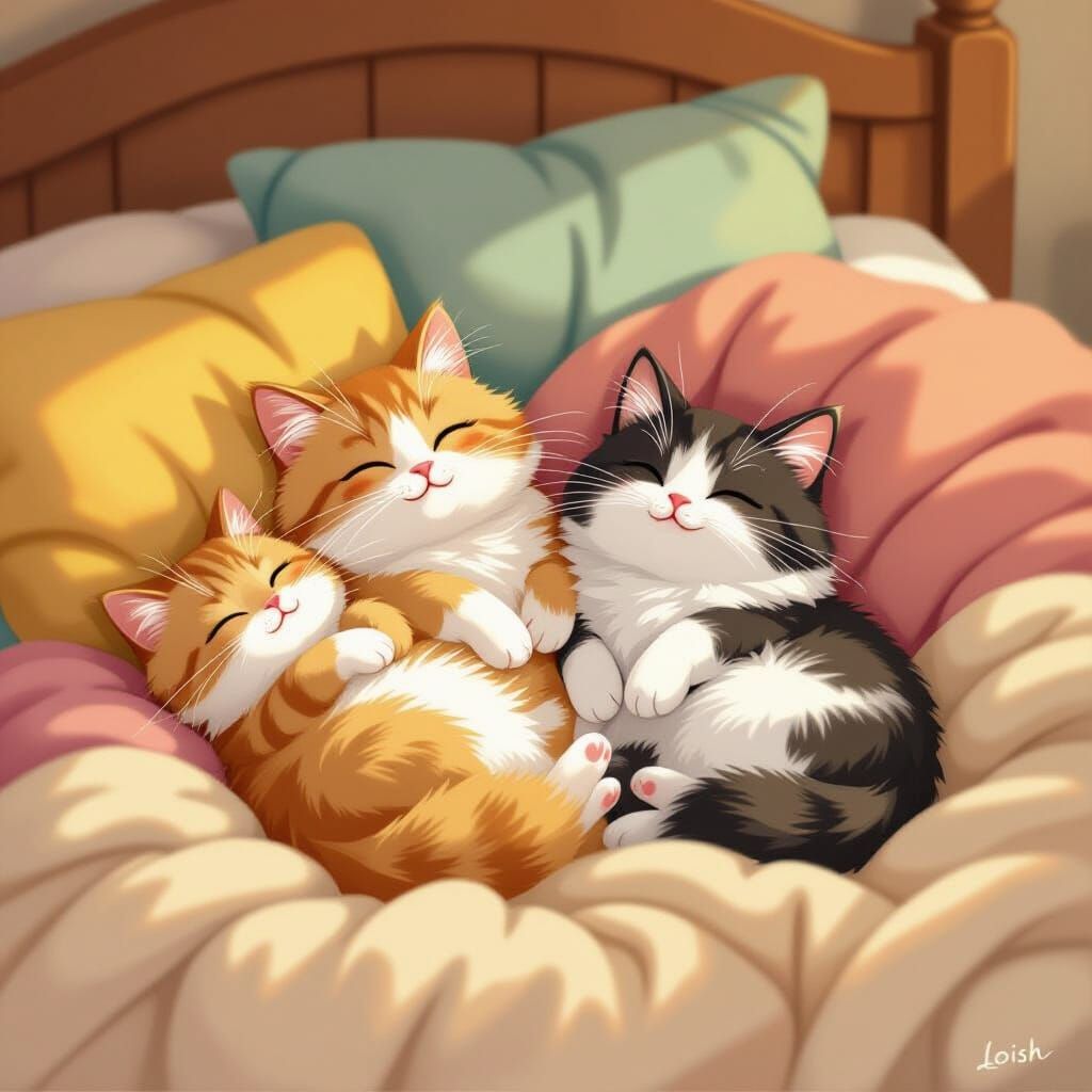Playful Cats Lounging on Cozy Bed, Illustration
