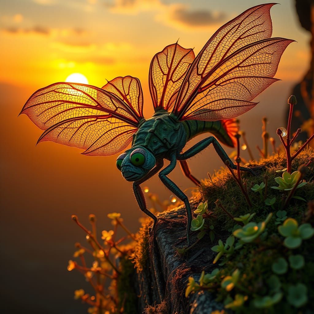 Surreal Insect Creature Crawling in a Sunset Garden