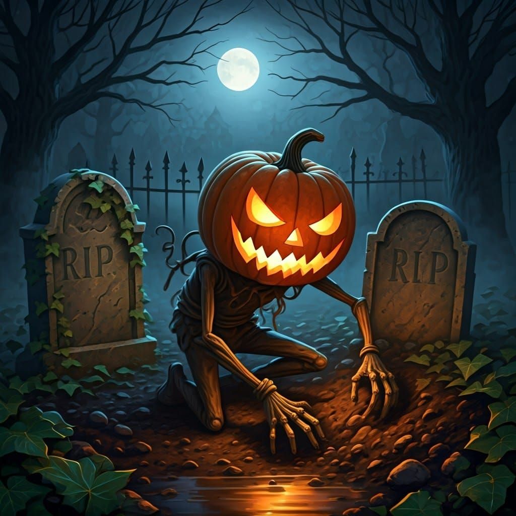 Eerie Graveyard Scene with Animated Jack-o'-Lantern