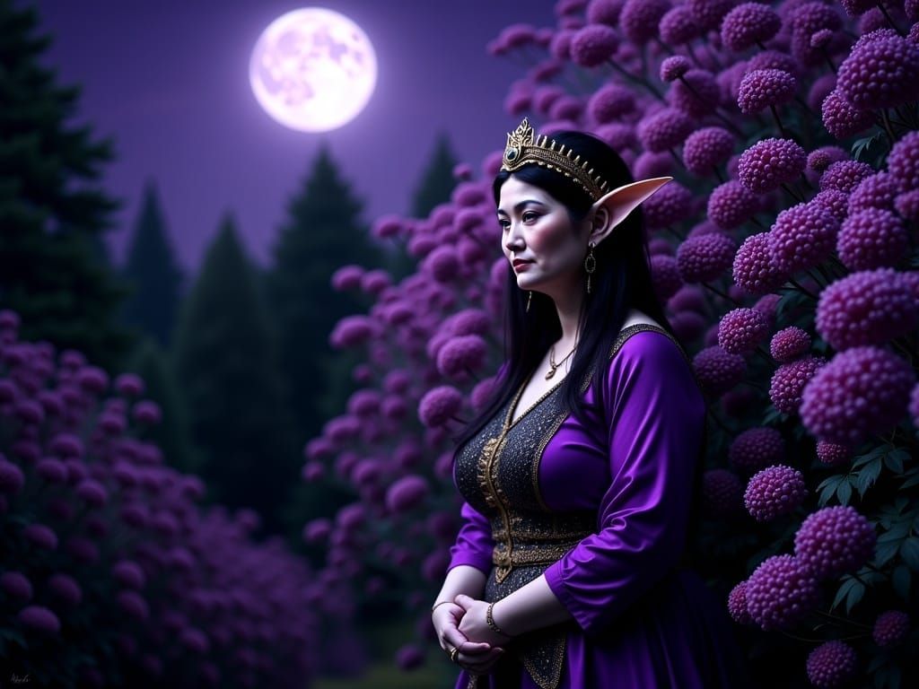 Elderly Elf Woman in Moonlit Elderberry Forest