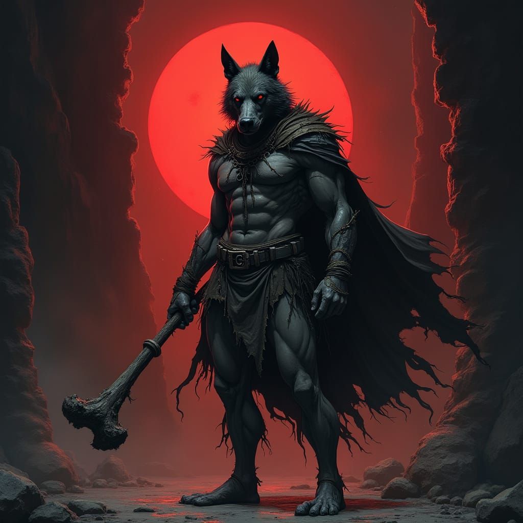 Dark Gothic Comic Book Illustration of Dog-Man Holding a Lon...