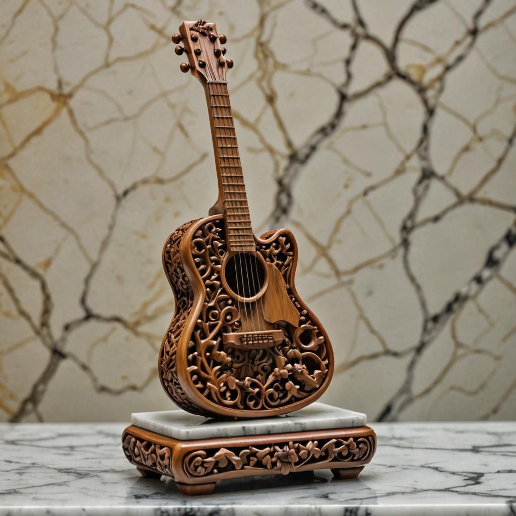 An intricately carved Japanese boxwood Netsuke guitar