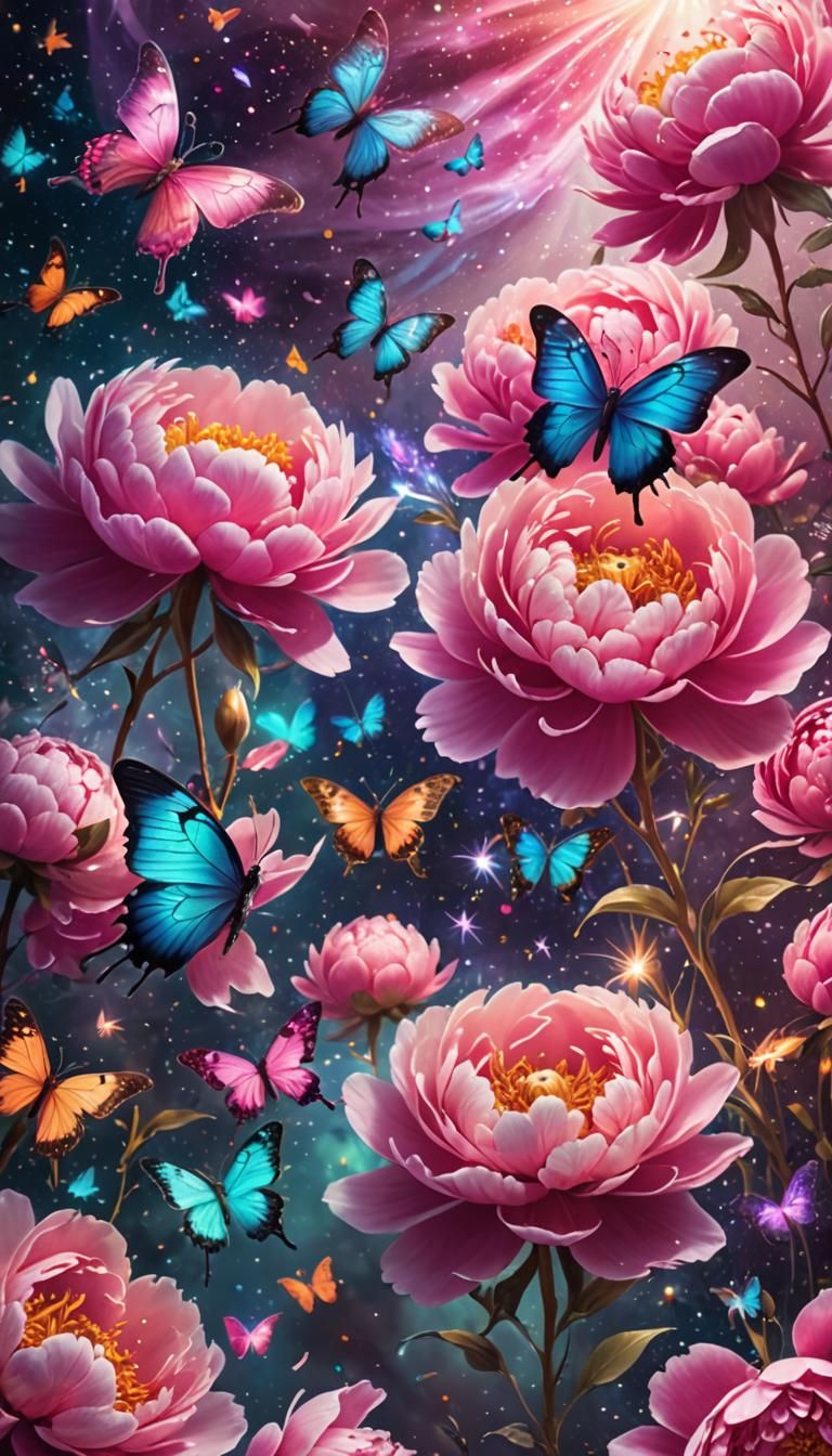 Peonies and Butterflies in Cosmic Astral Illustration