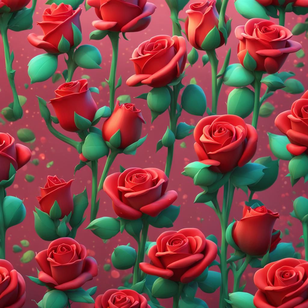 Red Rose Buds in Disney Style, 3D Digital Art