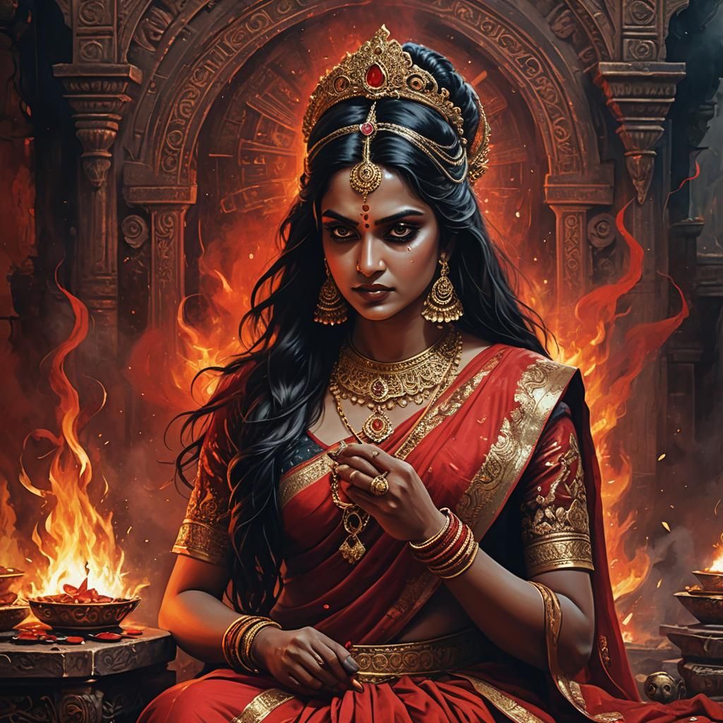 Divine Goddess of Fire in Red Saree