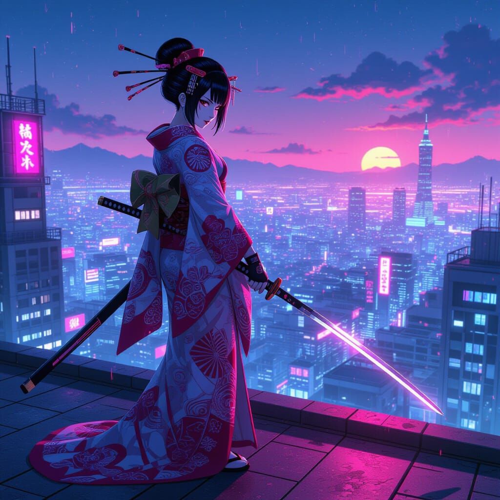 Cyberpunk Geisha Warrior on Neon Rooftop