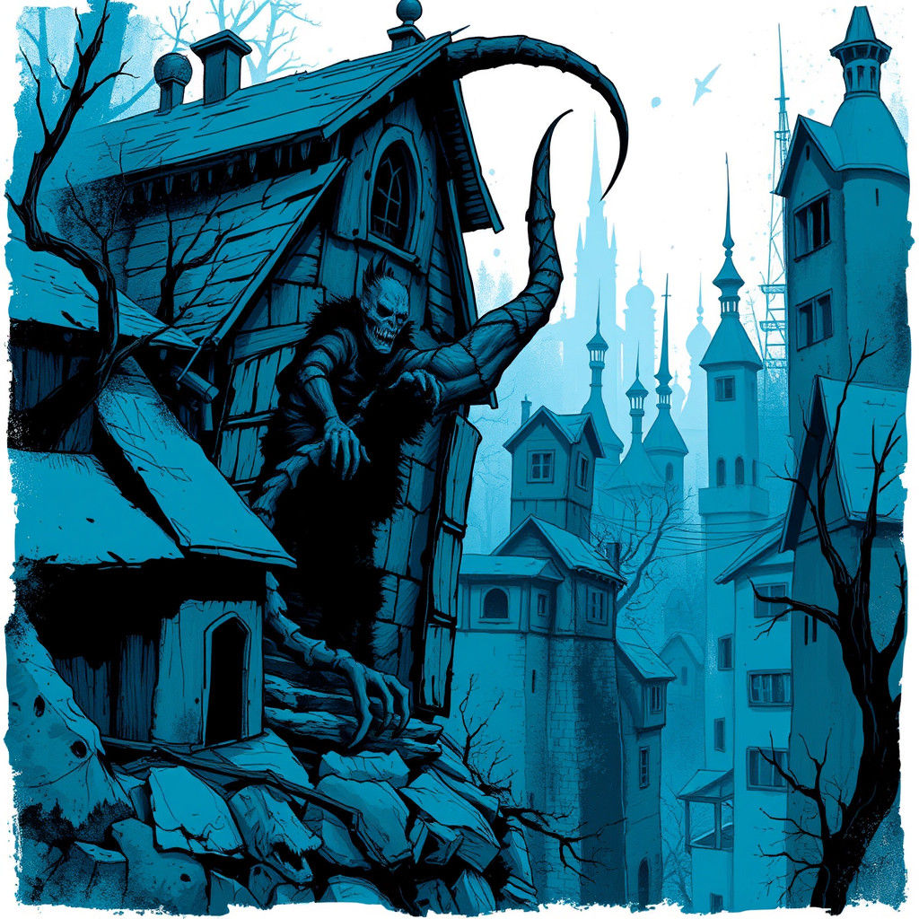 Camouflaged Blue Demon in Sinister Cityscape