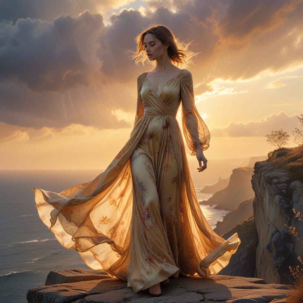 Woman on Precipice in Ethereal Watercolor Glow