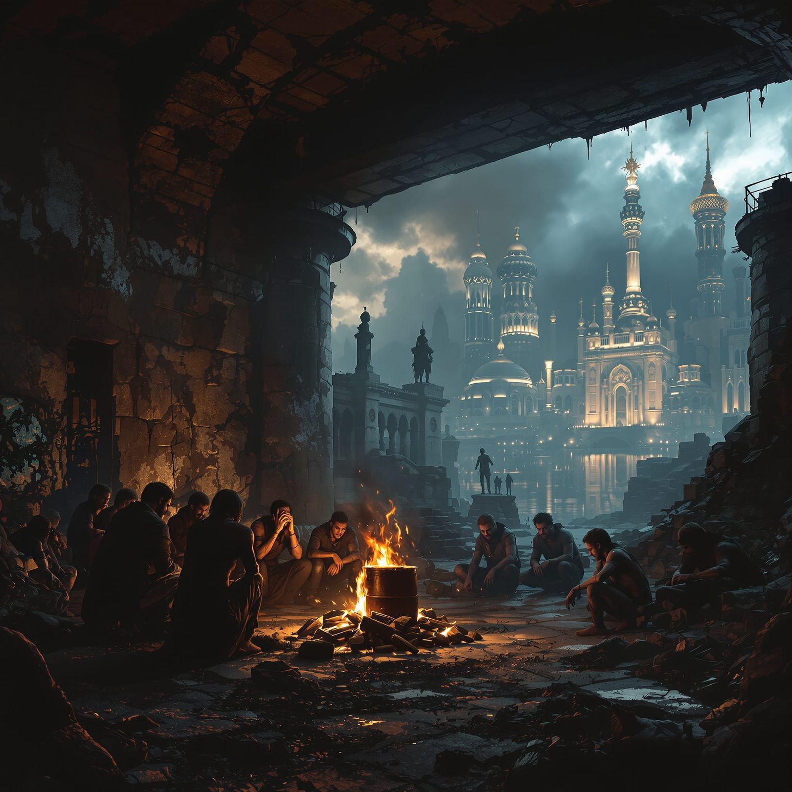 Hopelessness Under a Bridge: Cityscape Contrast