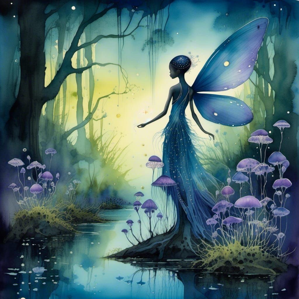 Bioluminescent Fairies in a Blue-Violet Watercolor Marsh