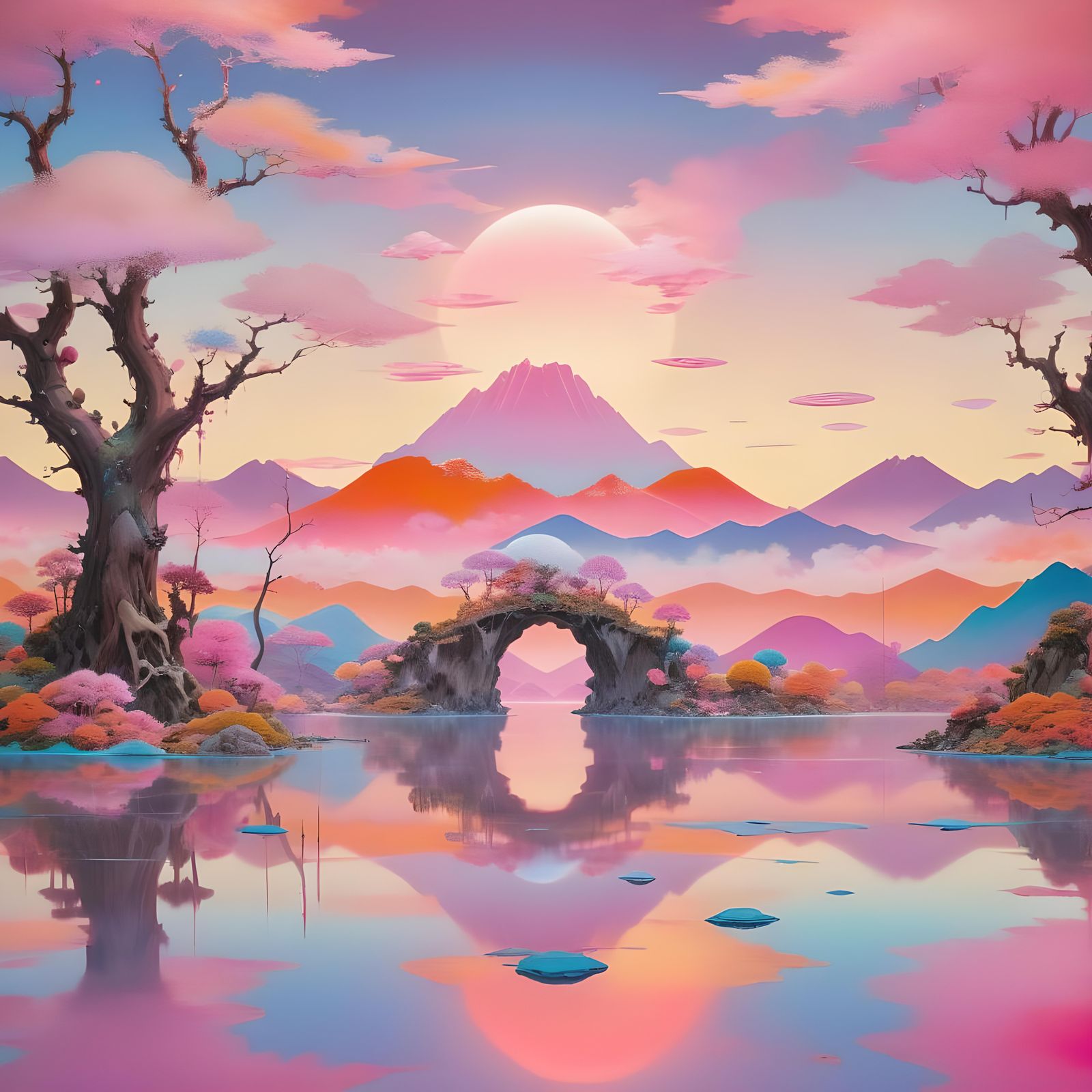 Surreal Sunset Landscape with Crystal Mountains