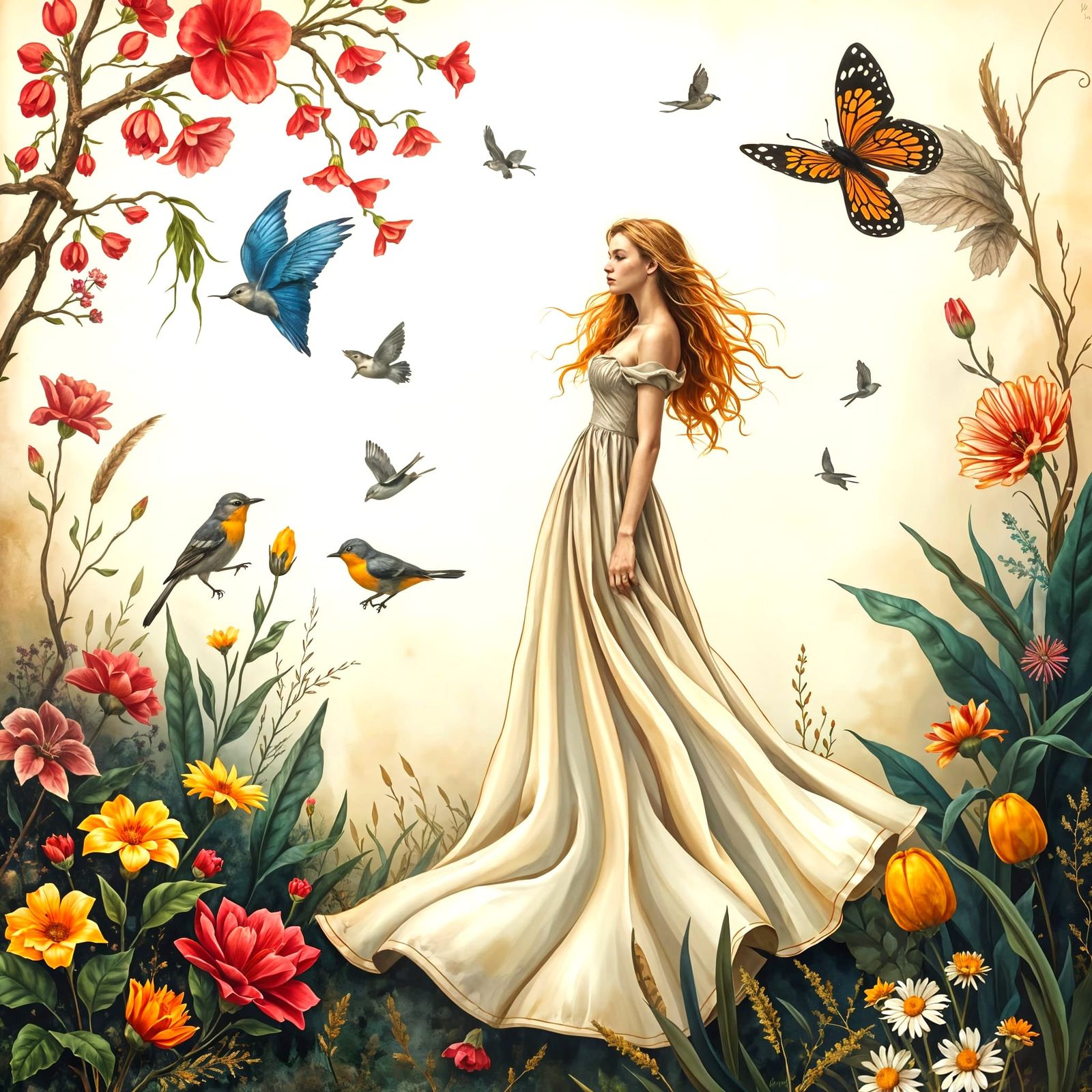 Dreamy Woman Surrounded by Wildlife and Florals