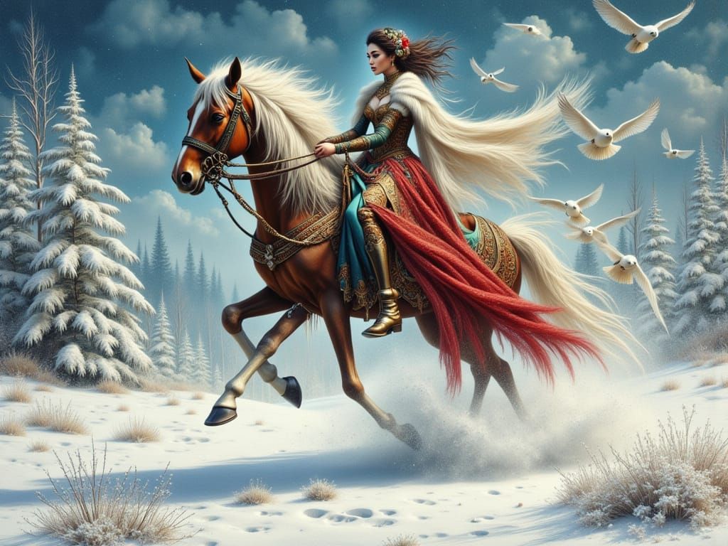 Medieval Woman Jumps Horse Over Ice Obstacle in Snowy Fantas...
