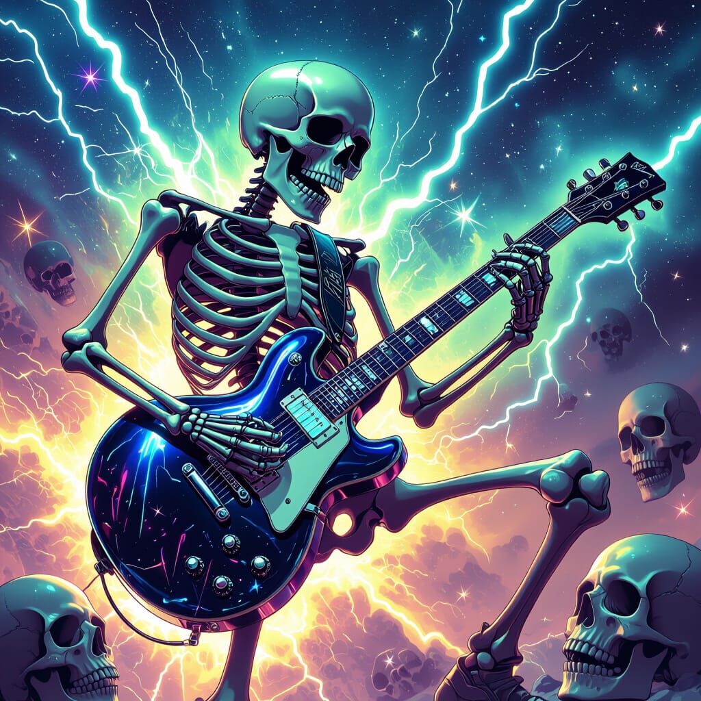 Skeleton Rocker Shreds Guitar Amidst Lightning and Skulls