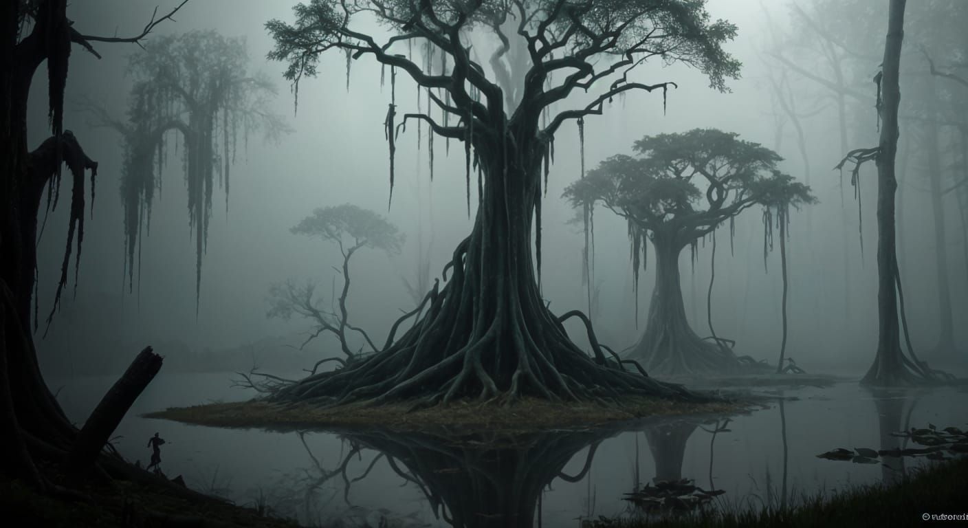Bayou at Midnight in a Mysterious Art Style