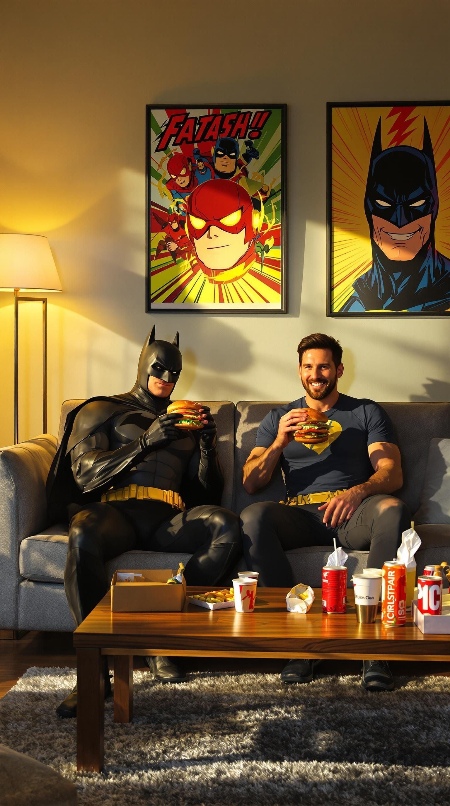 Superheroes Enjoy a Casual Night In, Surrounded by Comic Boo...