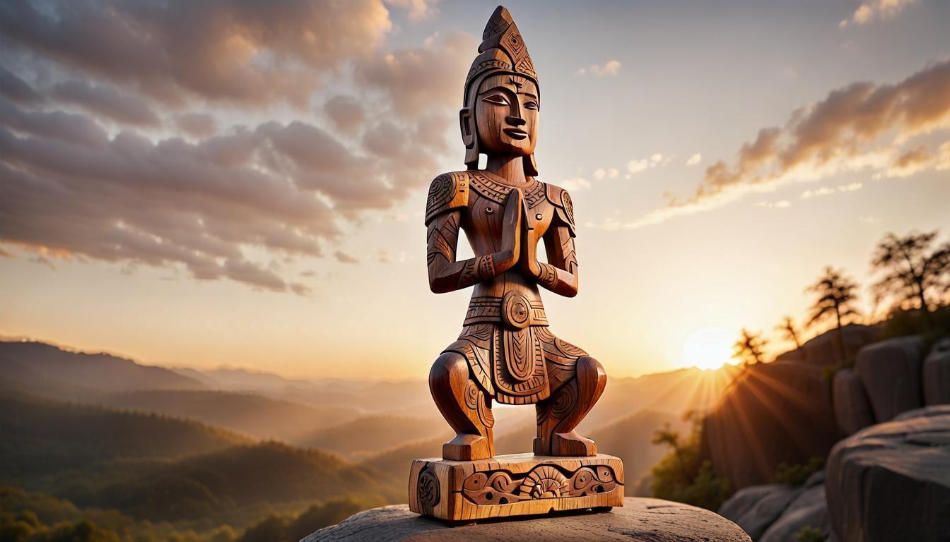 Hand-Carved Wooden Idol in Folk Art Style