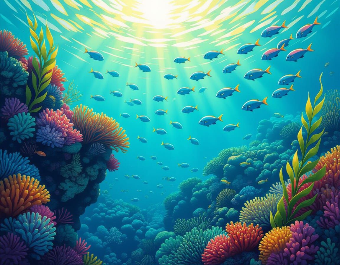 Vibrant Coral Reef with Iridescent Fish and Seaweed