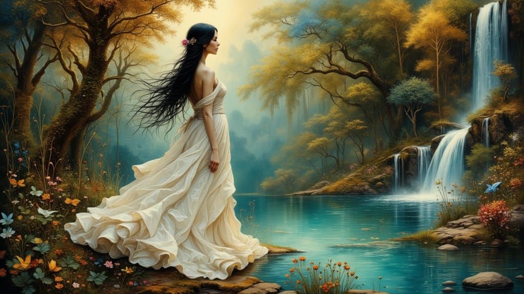 Renaissance Painting Of Woman Approaching Enchanted Waterfal...