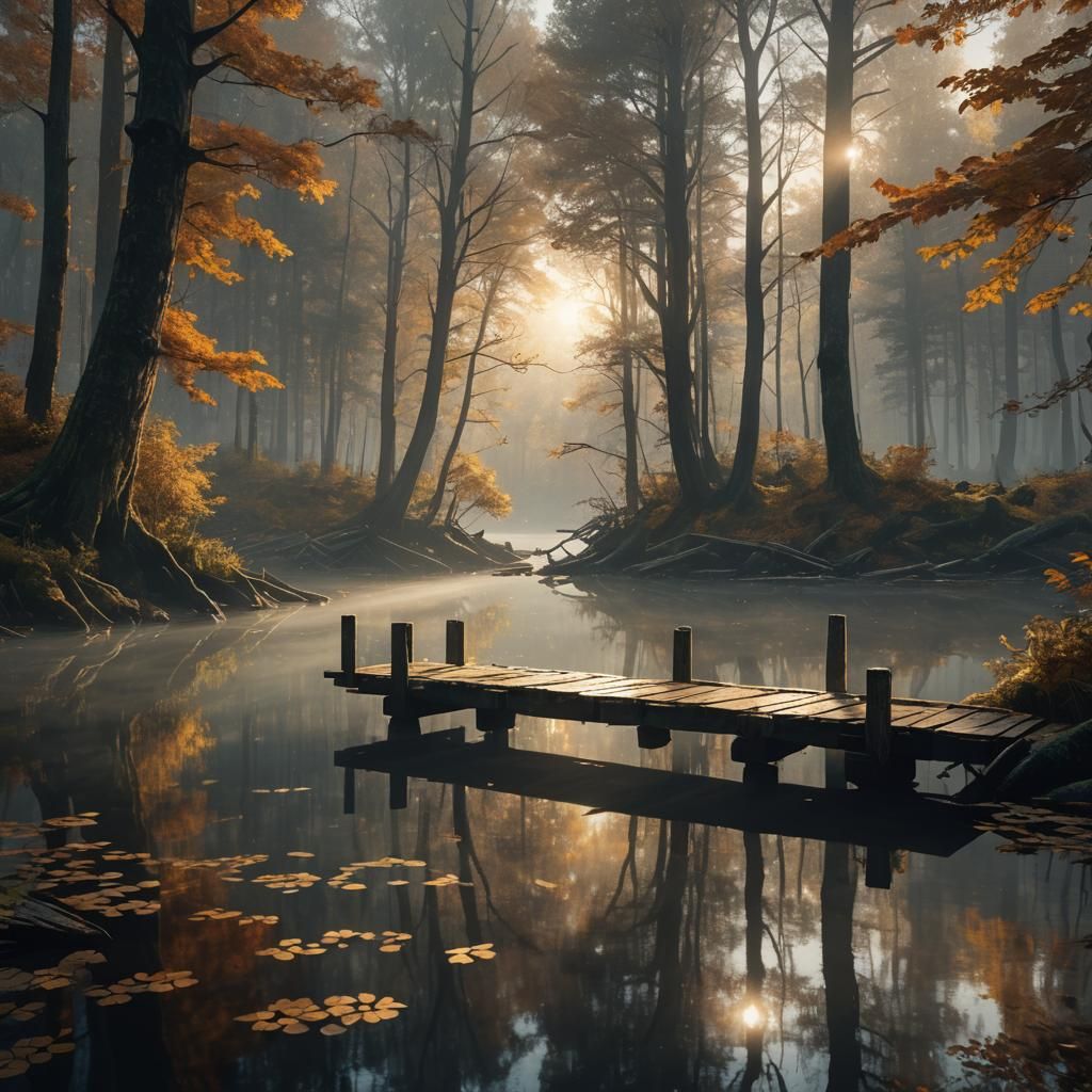 Autumn Jetty in Forest, 3D Rendered Fantasy Art