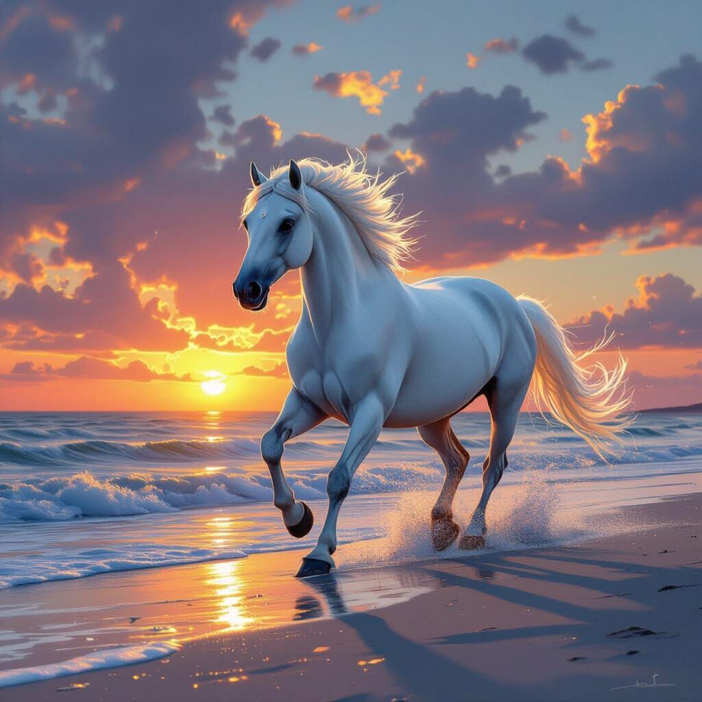 Majestic White Horse Gallops on Beach at Sunset