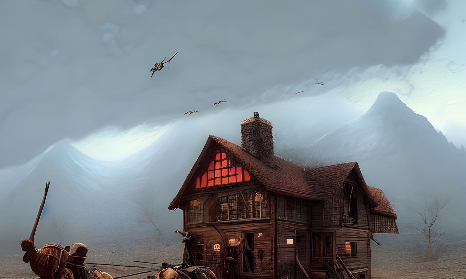 Trapper Arrives at Trading Post: Detailed Matte Painting