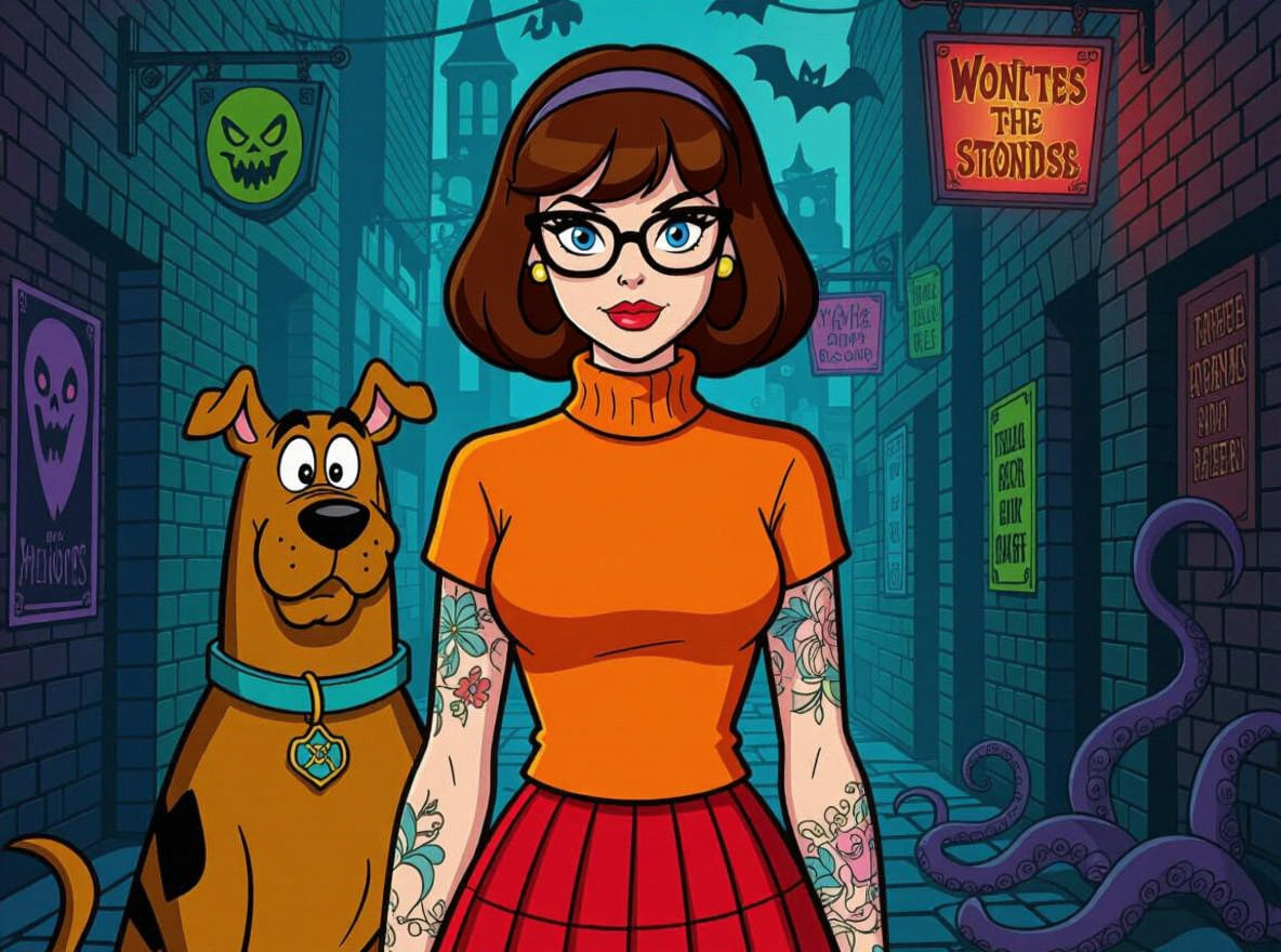 Velma Dinkley in Alley with Cthulhu Monsters and Scooby Doo