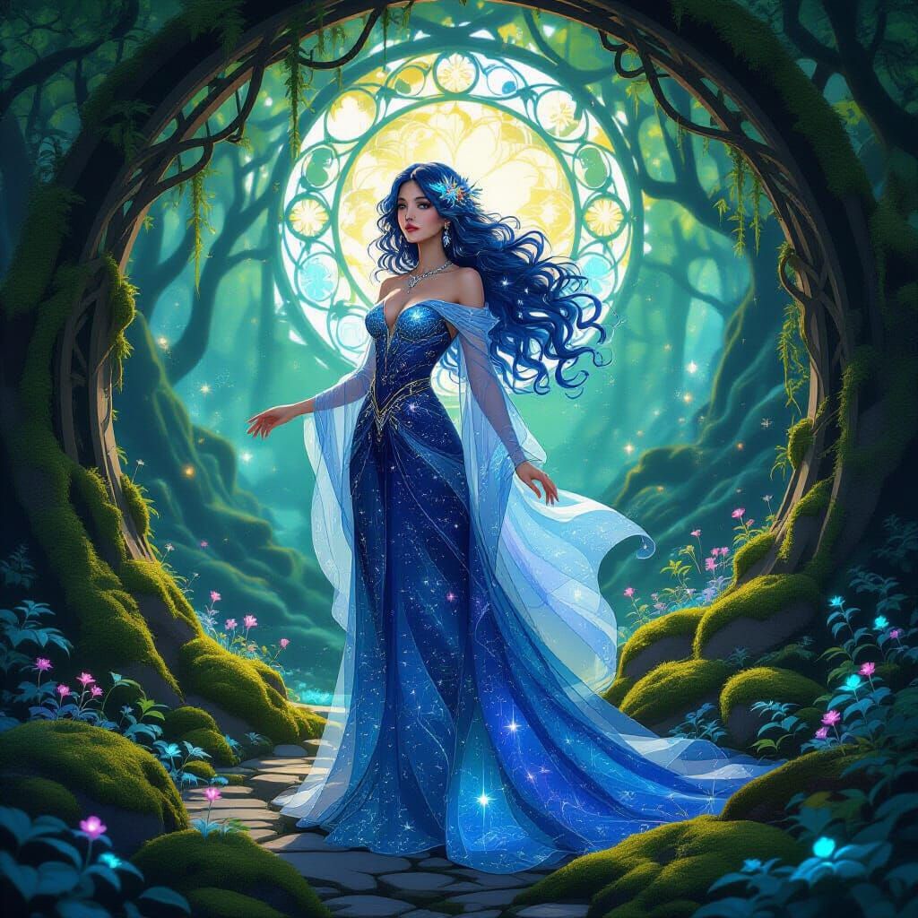 Celestial Sorceress in Bioluminescent Grove, in Art Nouveau ...