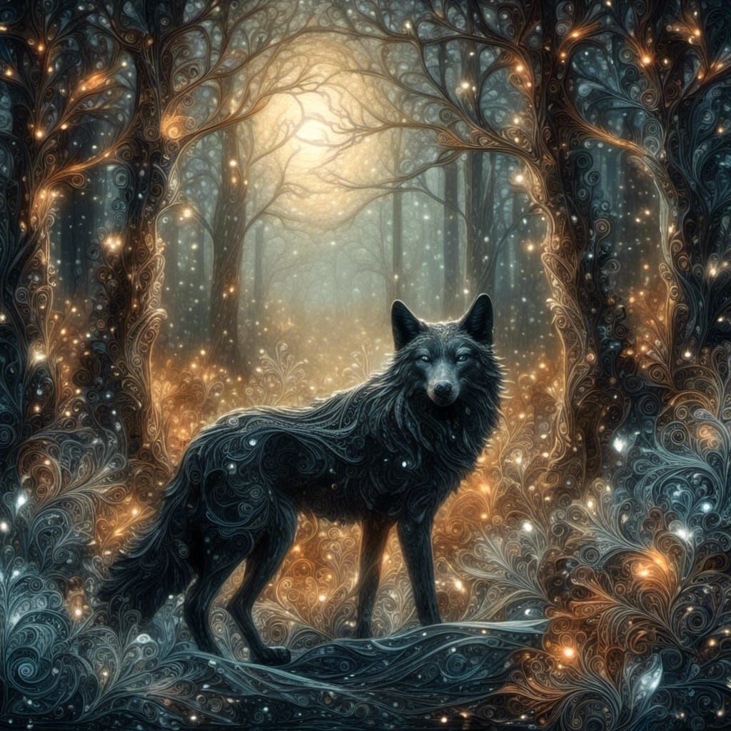 Majestic Black Wolf in Moonlit Forest Clearing