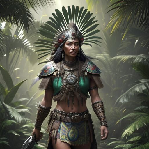 Aztec Warrior in a Mysterious Jungle