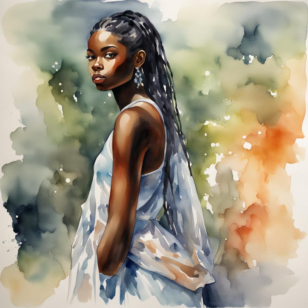 Ebony Beauty in Transparent Clothing: Watercolor Art