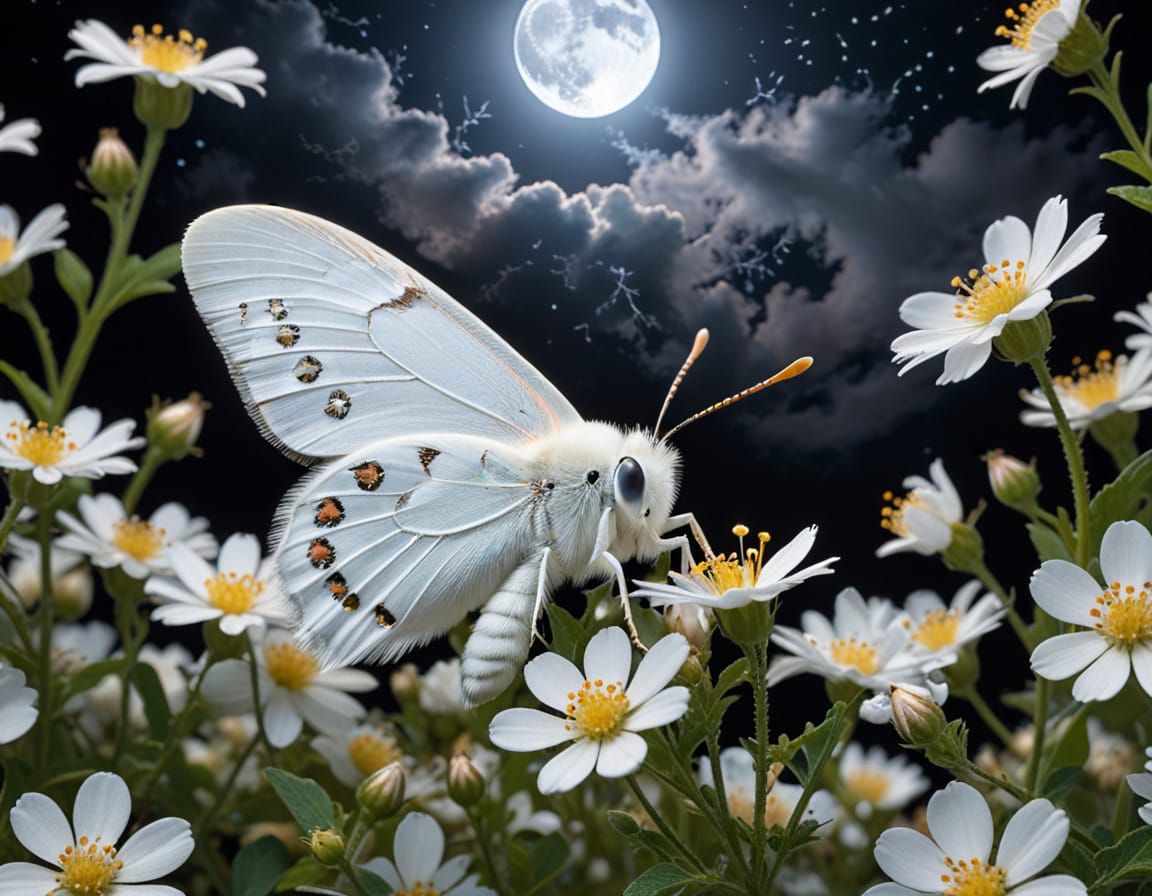 Ermine Moth Among Moonlit Flowers, Hyperrealistic