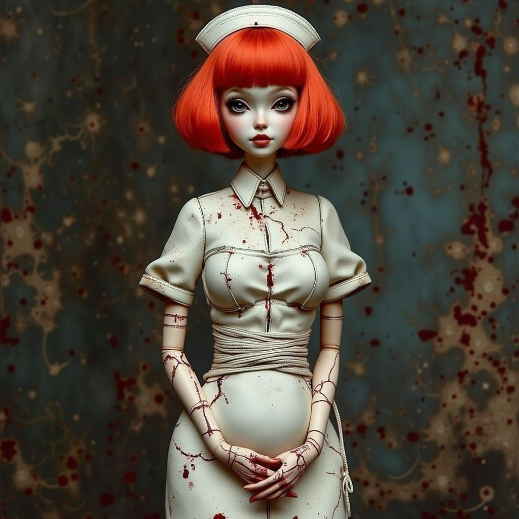 Ethereal Woman in Tattered Nurse's Uniform
