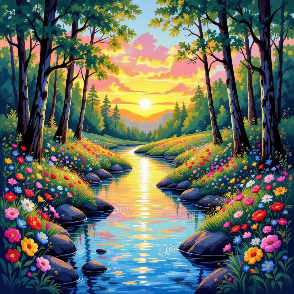 Vibrant Forest Sunset Walk in Gouache Style